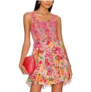 ALICE + OLIVIA Jocelyn Smocked Floral Mini Dress Cotton Silk Pink SZ 2